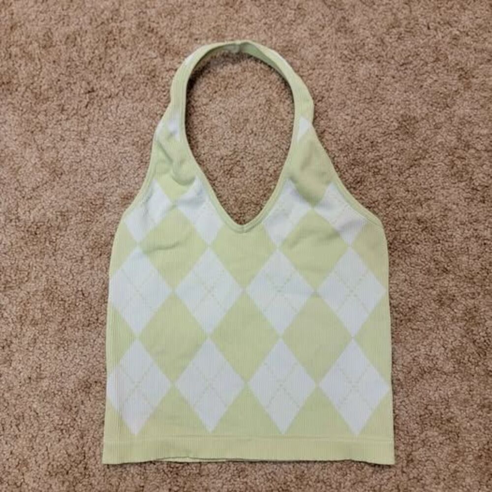 Y2K Lime Green White Argyle Halter Womens Top Festival Fashion Skate Retro Style